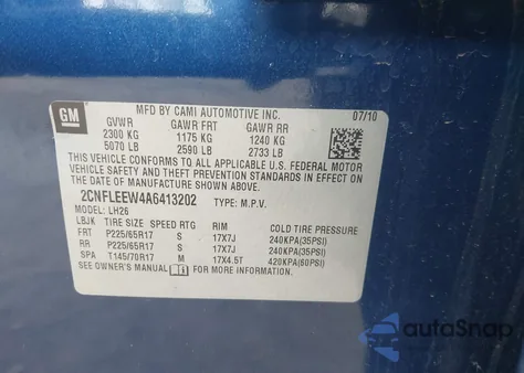 2010 Chevrolet Equinox Lt z USA, uszkodzony, nr VIN 2CNFLEEW4A6413202